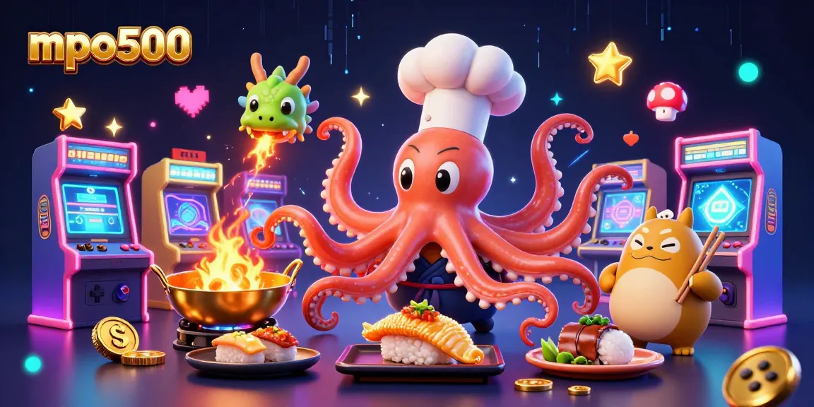 Experience the mpo500 gaming excitement with dynamic characters and colorful elements in a casino-themed illustration.