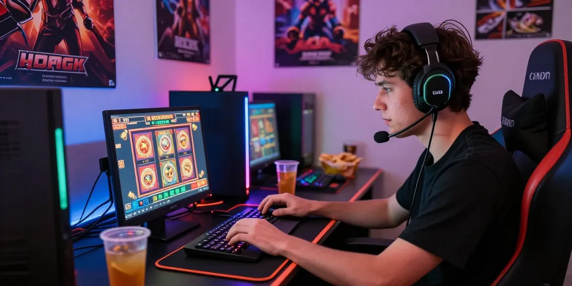 Ayamtoto login yang menarik dengan pemain terfokus pada permainan slot online di ruang bermain modern.