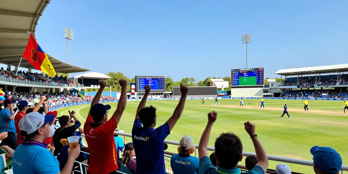 Excited fans enjoying live cricket match celebrating Fairplay24 betting experience.