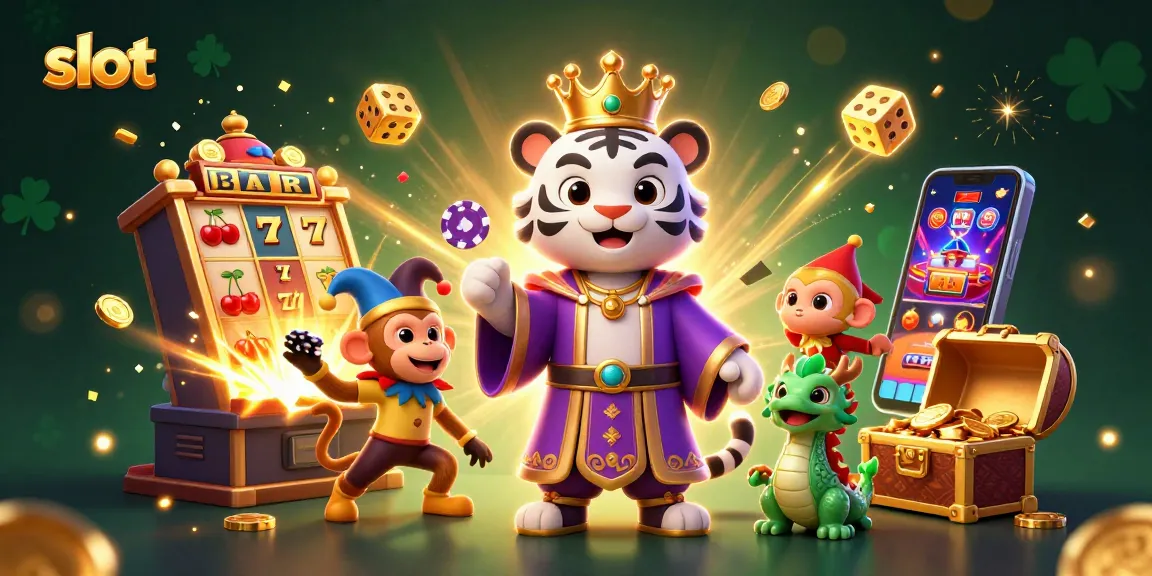 Slot menyenangkan dengan jackpot berkilau dari mesin slot, harimau putih berpakaian kerajaan, dan monyet beraksi.