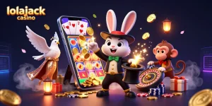 Experience magical wins at lolajack casino with a whimsical scene of a rabbit, dove, and monkey among vibrant casino elements.