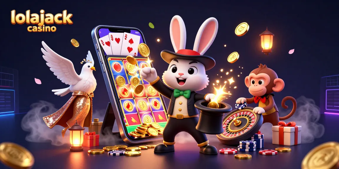 Experience magical wins at lolajack casino with a whimsical scene of a rabbit, dove, and monkey among vibrant casino elements.