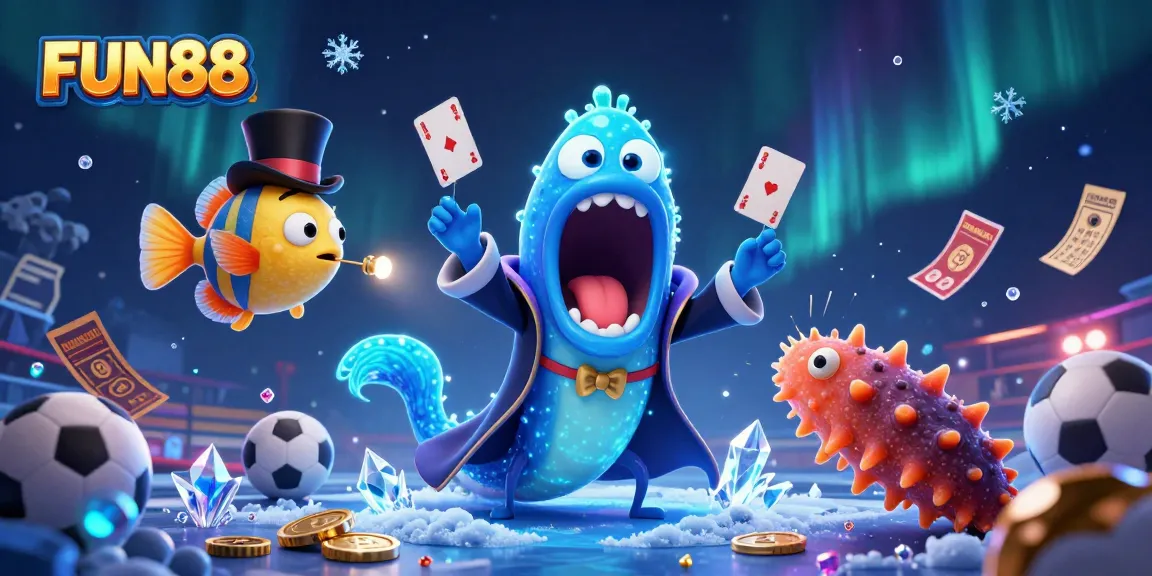 Experience the excitement of FUN88 with vibrant casino elements and unique characters in this dynamic illustration.