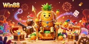 Experience the vibrant beach casino with Win88's golden pineapple king and exciting game elements.