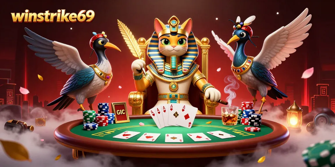Experience the thrill of winstrike69 with a vibrant 3D casino scene featuring a pharaoh cat and poker elements.