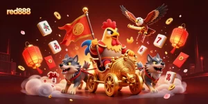 Experience the thrill of red888 as the rooster warlord and his wolves chase victory amid floating slot reels.