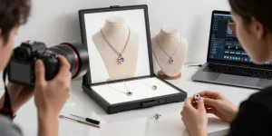 Fotografo gioielli Milano mentre cattura eleganti scatti di collane e anelli in studio.