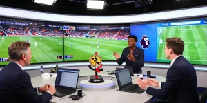Engaging analysis scene of bk8 Premier League highlights in a vibrant sports studio