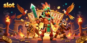 Spin vibrant slot reels surrounded by dynamic Aztec warrior scene with golden accents.