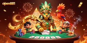 Engage in thrilling poker action with open881, featuring a Mayan priest, poker table, and gold coins.