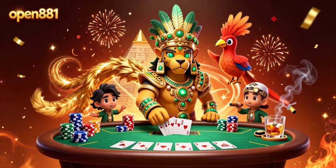 Engage in thrilling poker action with open881, featuring a Mayan priest, poker table, and gold coins.