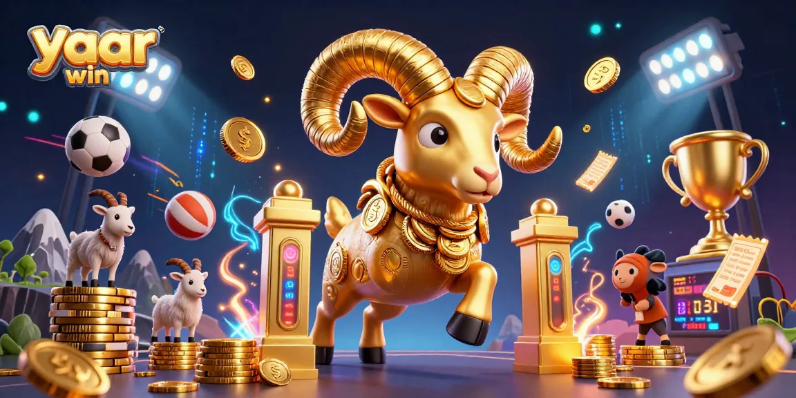 Experience the thrill of yaar win with a 3D cartoon golden ram charging through a vibrant casino scene.
