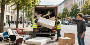 Efficient Sperrmüllabholung 80 Euro Berlin service with a professional team collecting bulky waste in an urban setting.