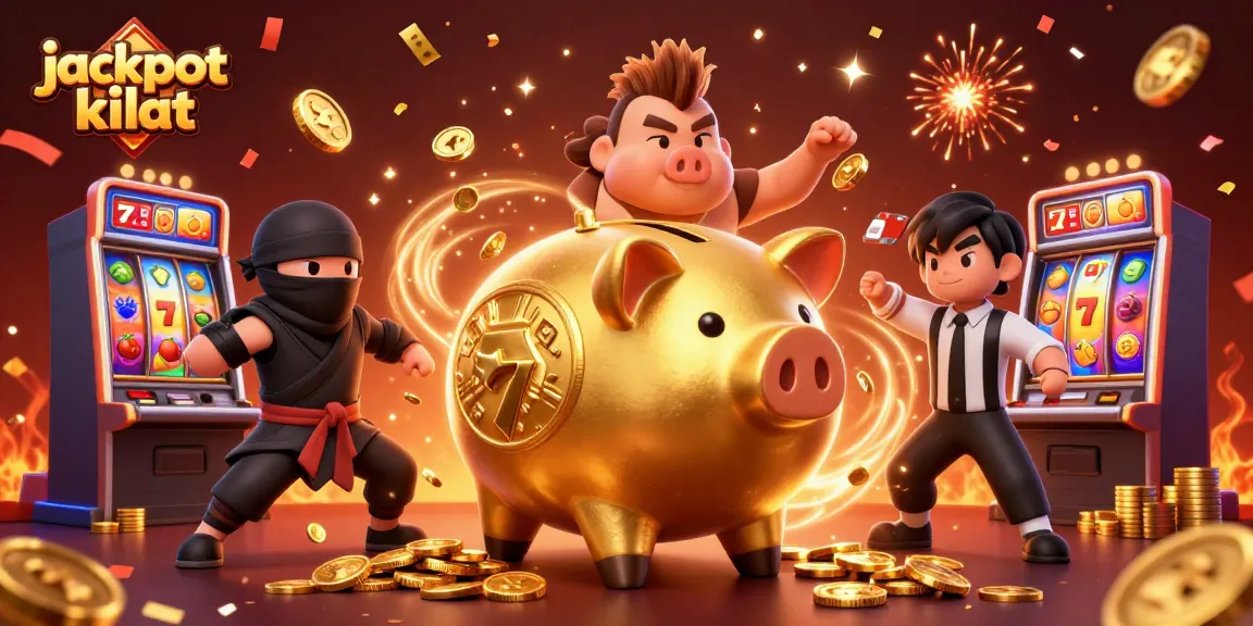 Watch jackpot kilat unfold with an energetic 3D scene featuring a golden piggy bank sumo wrestler and slot symbols.