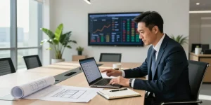 Terry Hui engaged in real estate investment strategy in a modern office setting