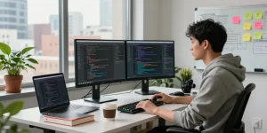 Raja 328 software engineer coding in a modern workspace with vibrant city views.