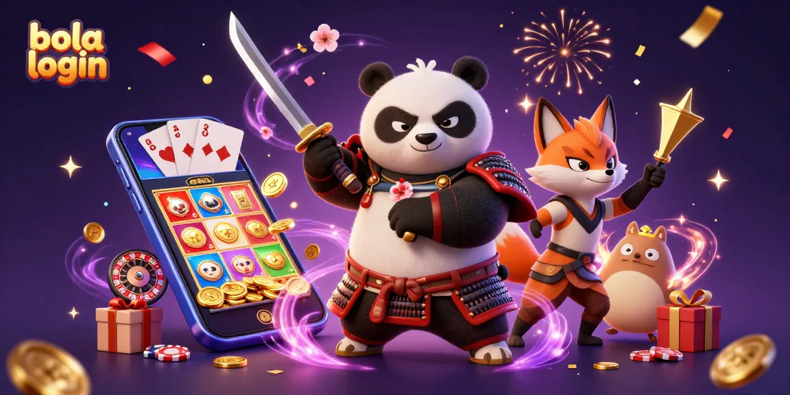 Experience the vibrancy of bola login with a dynamic gaming scene featuring cartoon samurai panda, ninja fox, and magical elements.