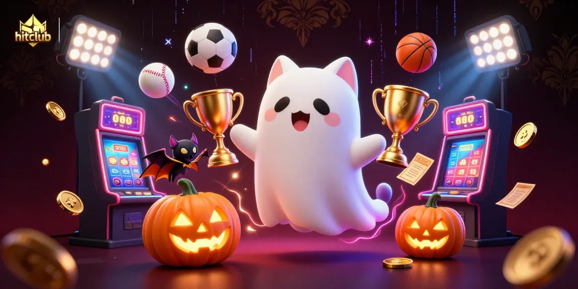 Experience excitement with hitclub's ghost cat navigating a lively online casino filled with games and glowing elements.