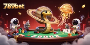 Experience thrilling betting scenes at 789bet with astronauts and cosmic dealers in a vibrant casino atmosphere.
