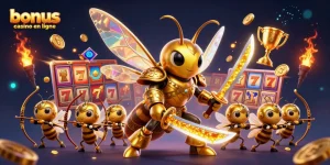 Visualiser le bonus casino en ligne avec un essaim de héros en armure dans un environnement de jeu vibrant.