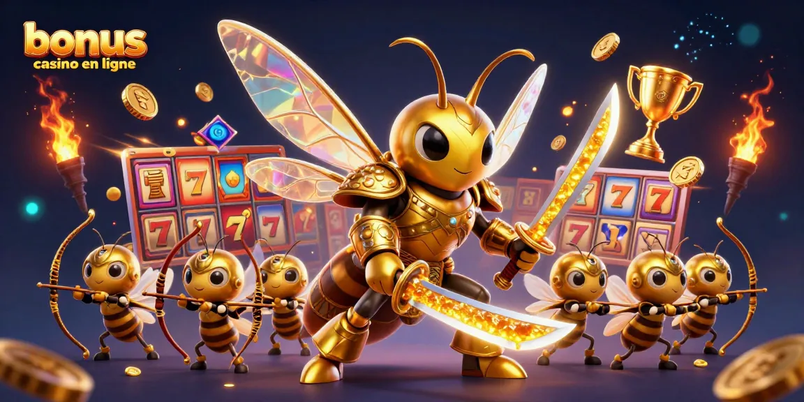 Visualiser le bonus casino en ligne avec un essaim de héros en armure dans un environnement de jeu vibrant.