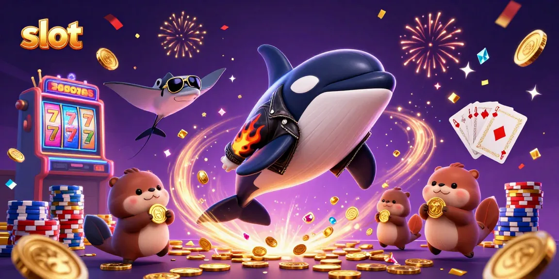 Menggandakan hasil slot dengan karakter kartun padu, termasuk paus orca, stingray, dan berang-berang dengan koin emas di latar belakang yang ceria.