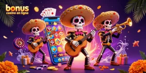 Vivez l'expérience du bonus casino en ligne avec une scène captivante de mariachis colorés et des éléments de jeux variés.