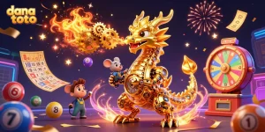 Experience the excitement of dana toto with vibrant casino elements and a golden dragon illustration.