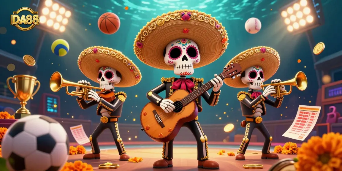 Bet on thrilling moments with DA88’s vibrant sports betting scene featuring mariachi characters.
