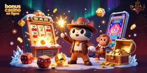 Bonus casino en ligne : l'explorateur et son compagnon découvrent des artefacts dans un temple.