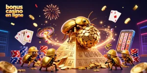 Bonus casino en ligne : illustration dynamique d'un scarabée doré et de ses amis dans un univers de jeux.