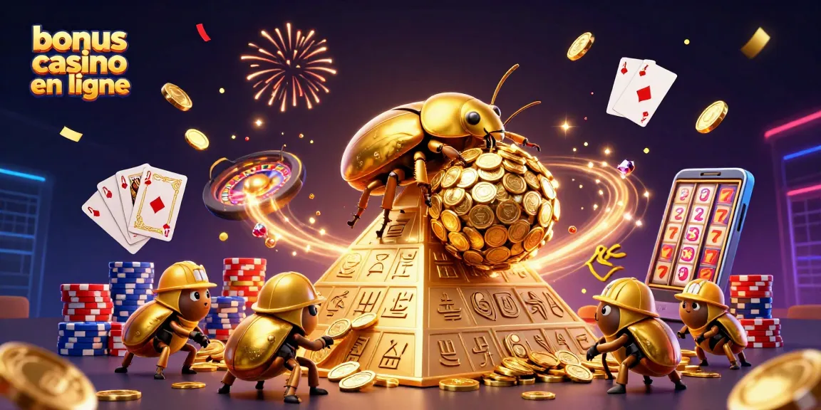 Bonus casino en ligne : illustration dynamique d'un scarabée doré et de ses amis dans un univers de jeux.