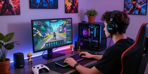 Engaged gamer experiencing pakde4d's immersive platform in a vibrant gaming setup.