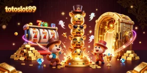 Experience top-tier gaming excitement with totoslot89's vibrant 3D casino illustration, featuring a golden totem and dynamic slot game elements.