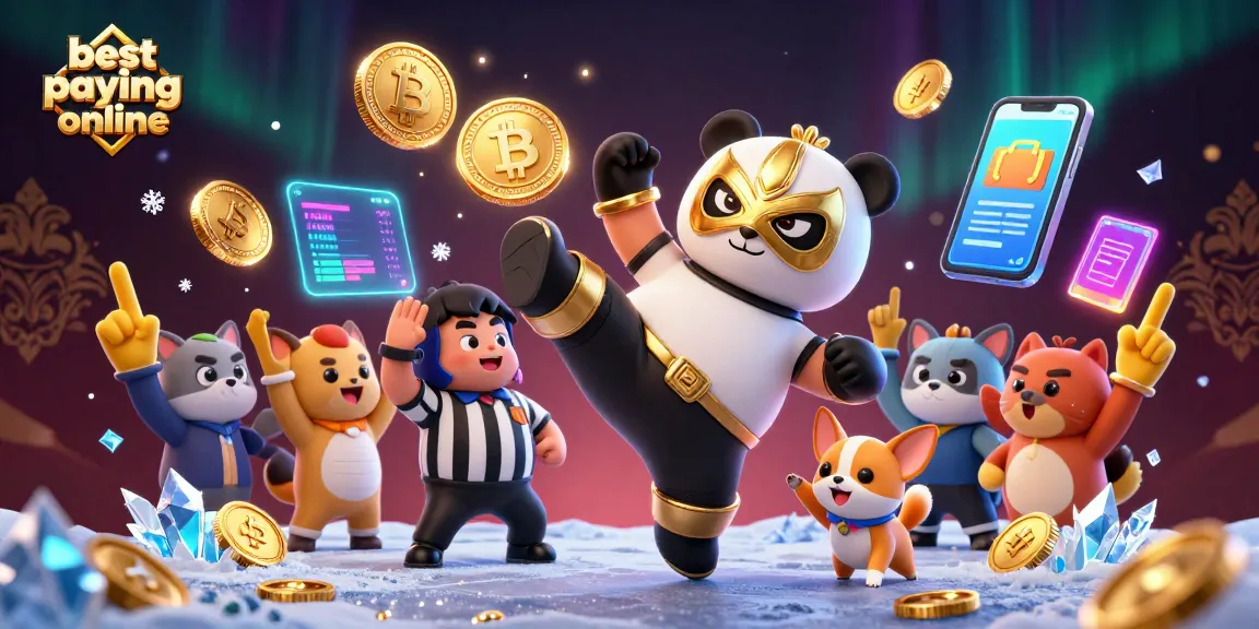 A dynamic scene showcasing the best paying online casinos with a professional wrestler panda kicking while surrounded by cryptocurrency and exciting casino elements.