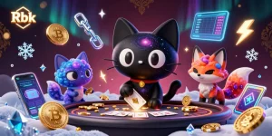 Rbk cat attracts players with casino chips in a vibrant cosmic casino scene.