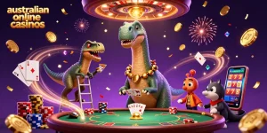 Experience australian online casinos featuring a towering brontosaurus dealing cards at a lively casino scene.