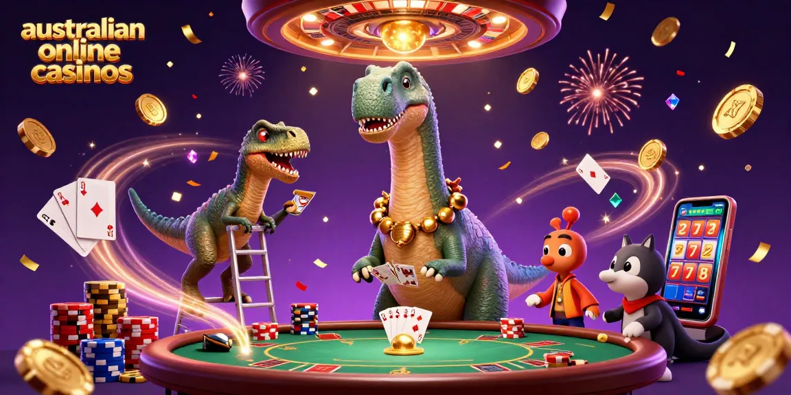 Experience australian online casinos featuring a towering brontosaurus dealing cards at a lively casino scene.