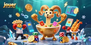 Jouer au casino en ligne avec une illustration 3D d'un grand bol de ramen doré distribuant des cartes.