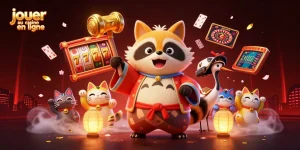 Jouer au casino en ligne en découvrant des machines à sous et un tanuki chanceux dans un décor vibrant.