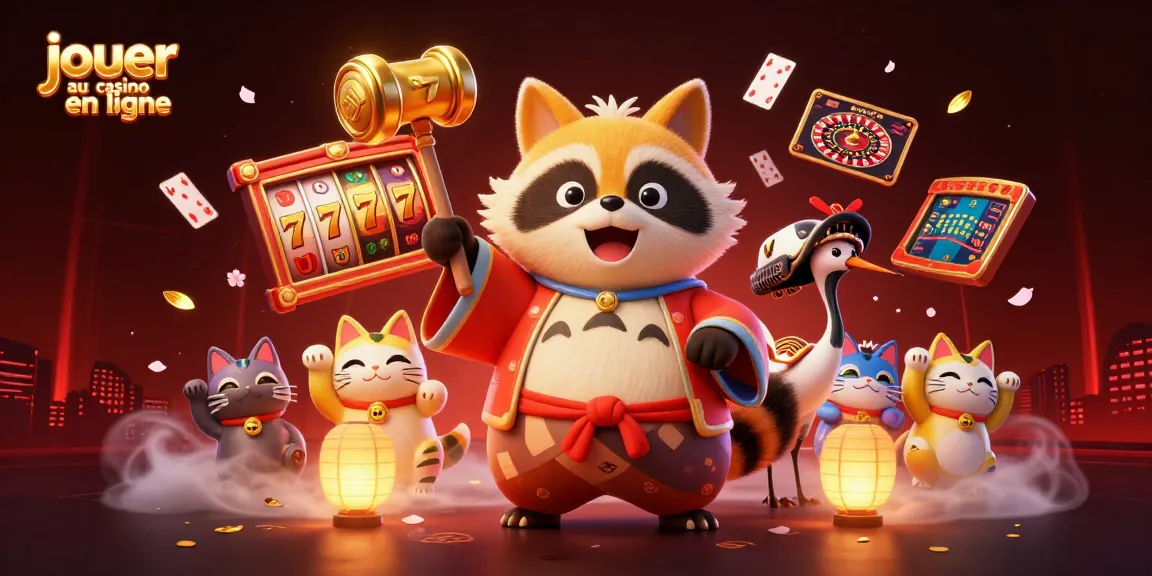 Jouer au casino en ligne en découvrant des machines à sous et un tanuki chanceux dans un décor vibrant.