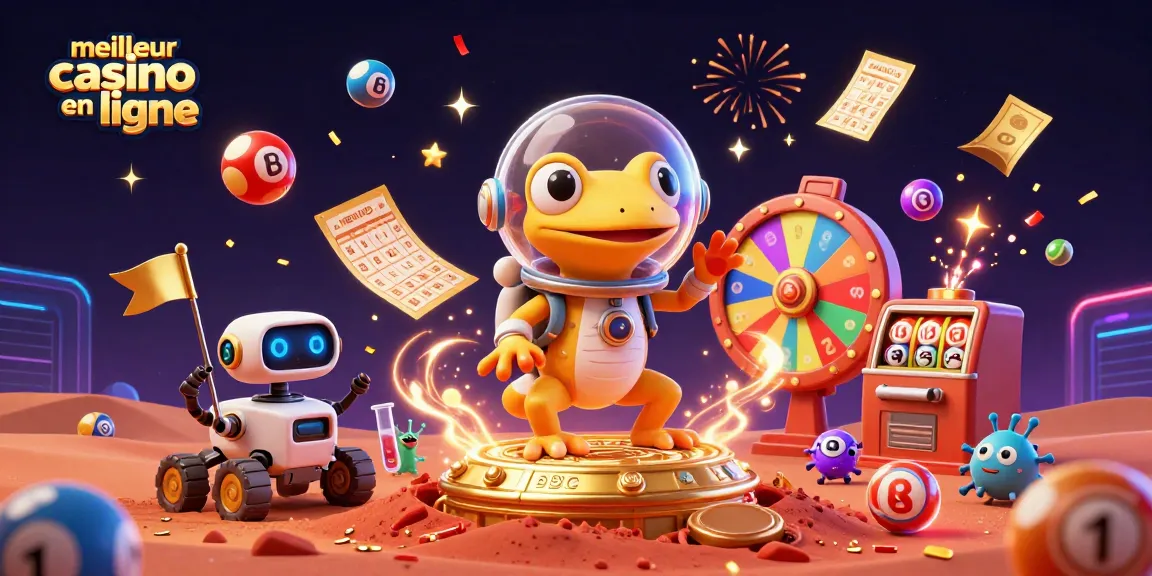 Un gecko martien cartoon découvrant le meilleur casino en ligne avec des éléments de loterie colorés.