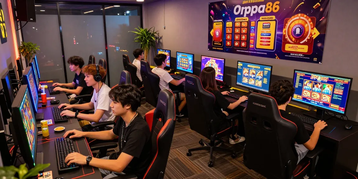 Engaged gamers enjoying a lively session on oppa86 with colorful visuals and snacks, promoting online slot excitement.