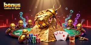 Illustration animée riche représentant un scarabée d'or gigantesque, symbolisant le bonus casino en ligne, à l'œuvre dans un décor de pyramide.