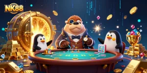 Experience thrilling gaming at NK88's vibrant casino with a whimsical poker scene.