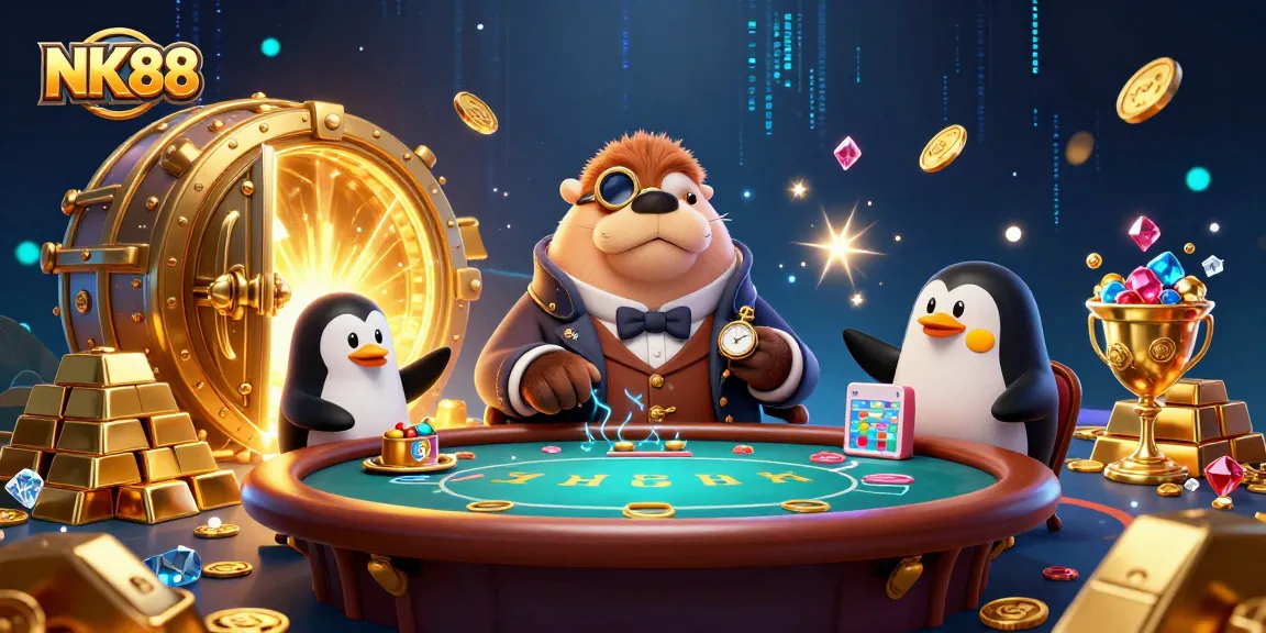 Experience thrilling gaming at NK88's vibrant casino with a whimsical poker scene.