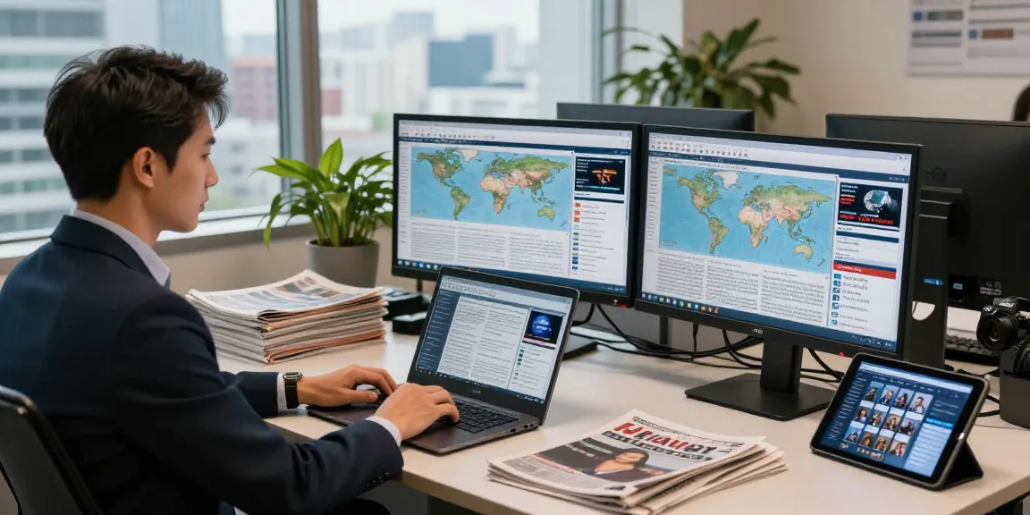 Journalist at https://www.theindaily.com reporting news in a busy editorial office with multiple screens.