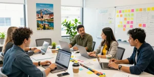 Spokane marketing team collaborating in a vibrant office environment, focused on strategies for digital growth.