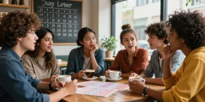 Teman sedang berdiskusi tentang nomor rejeki di kafe, dikelilingi tiket lotere dan papan angka keberuntungan.