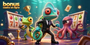 Profitez des bonus casino en ligne avec cette illustration dynamique de jeux de machines à sous et de personnages animés.